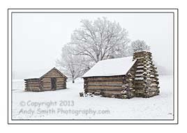 Two Huts in the winter at Valley Forge